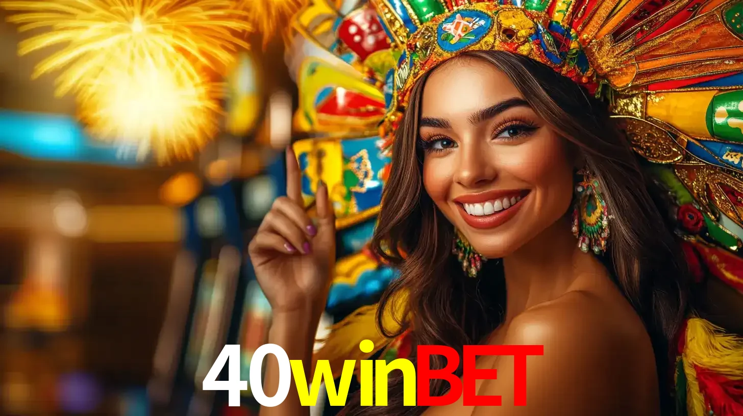 Mulher sorridente com um cocar de carnaval vibrante e colorido, celebrando uma grande vitória nos jogos do cassino 40winbet com fogos de artifício ao fundo.
