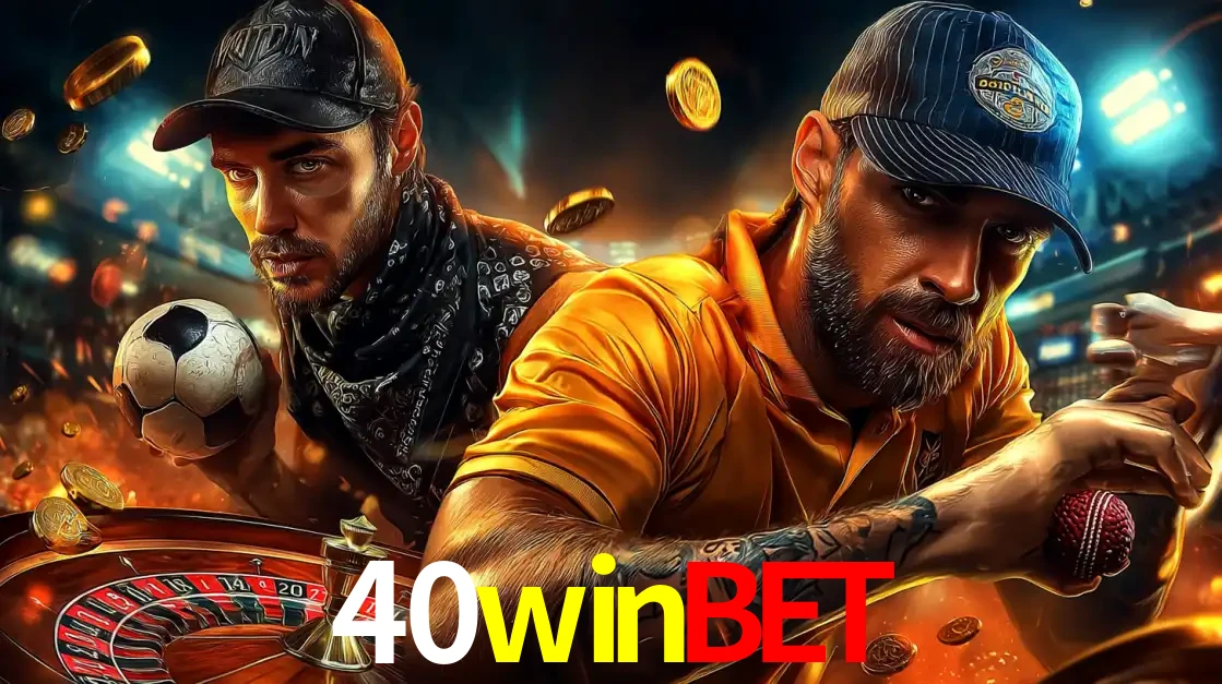 Montagem de apostas esportivas e cassino no 40winbet, com um homem segurando uma bola de futebol e outro uma de beisebol sobre uma roleta e moedas voadoras.